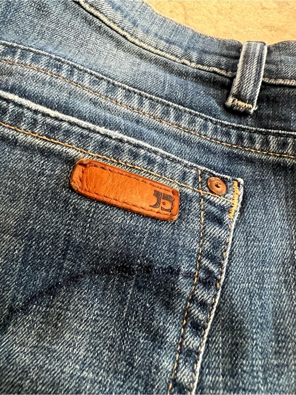 Joe's Socialite Kicker Jeans Relaxed Blue Denim with Tan Leather Patch